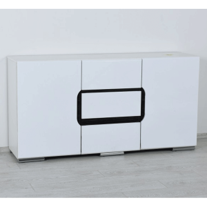 Komoda za Dnevni Boravak MARIA – Bijela Lak Visoki Sjaj + Crni Dekor