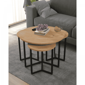 Klub stolovi JANA set 4 u 1 bor dekor – okrugli stolići sa metalnim okvirom (veliki + 3 mala)