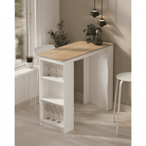 Barski sto BIS – kuhinjski ostrvski sto sa policama (bijela-drvo dekor)