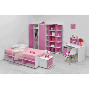Dječija Soba EMA – Komplet Namještaja Roza/Bijela (Ormar, Krevet, Stol, Polica, Noćnik)