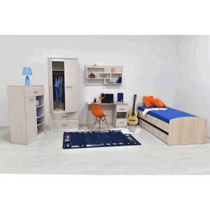 Dječija Soba AMBY 1 – Komplet Namještaja Bijela/Bež (Ormar, Stol, Komoda, Polica)