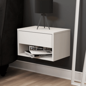 Zidni noćni ormarić MIA bijeli – viseći ormarić sa ladicom i policom, 45 × 27.5 × 30cm