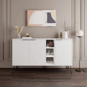 Komoda Clara bijela – moderna komoda s policama i metalnim nogama