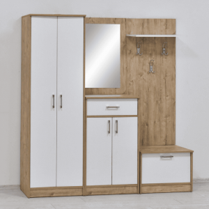 Veliko predsoblje SARA sa ormarom, dvije komode, ladicom, vješalicom, policom i ogledalom, boja kombinacija bijele i svijetlo smeđe