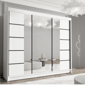 Klizni ormar sa ogledalom bijeli 250x215 cm – crne lajsne, ormar za spavaću sobu