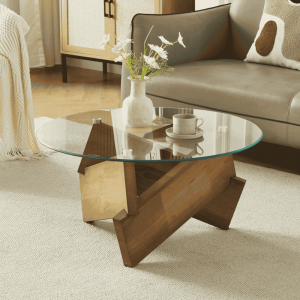 Klub sto Erixa – stakleni klub sto s drvenim postoljem